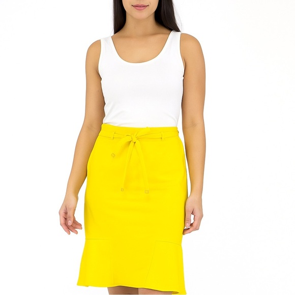 Yellow Flounce Hem Midi Flowy Trumpet Skirt Career Office Chic Women’s L - Picture 1 of 5